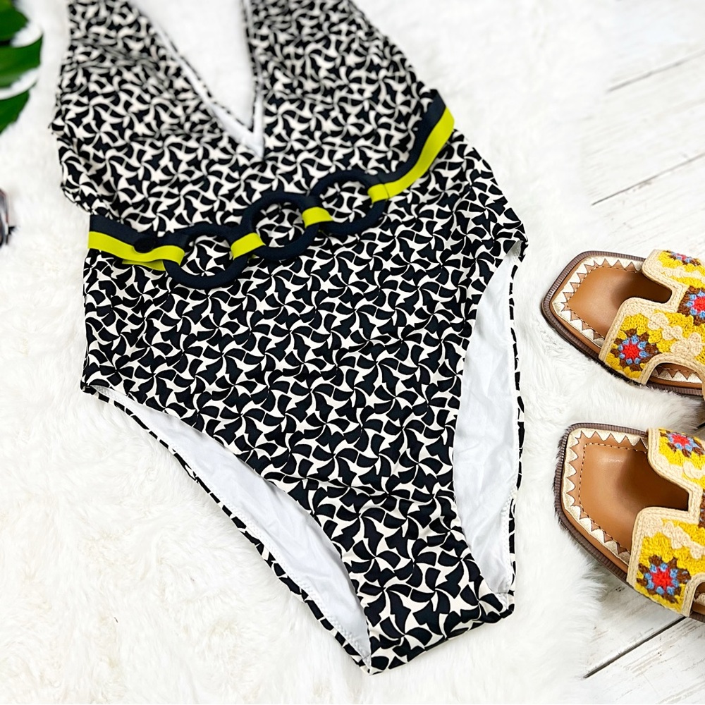 NEW Sz Medium La Perla Black White Printed Summer Winds Plunge One Piece Bikini - Picture 4 of 9